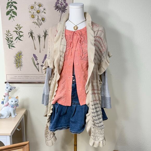 Vintage Open Knit Tie Front Cardigan Sweater Cottage Prairie Coastal Grandma L - Picture 1 of 7